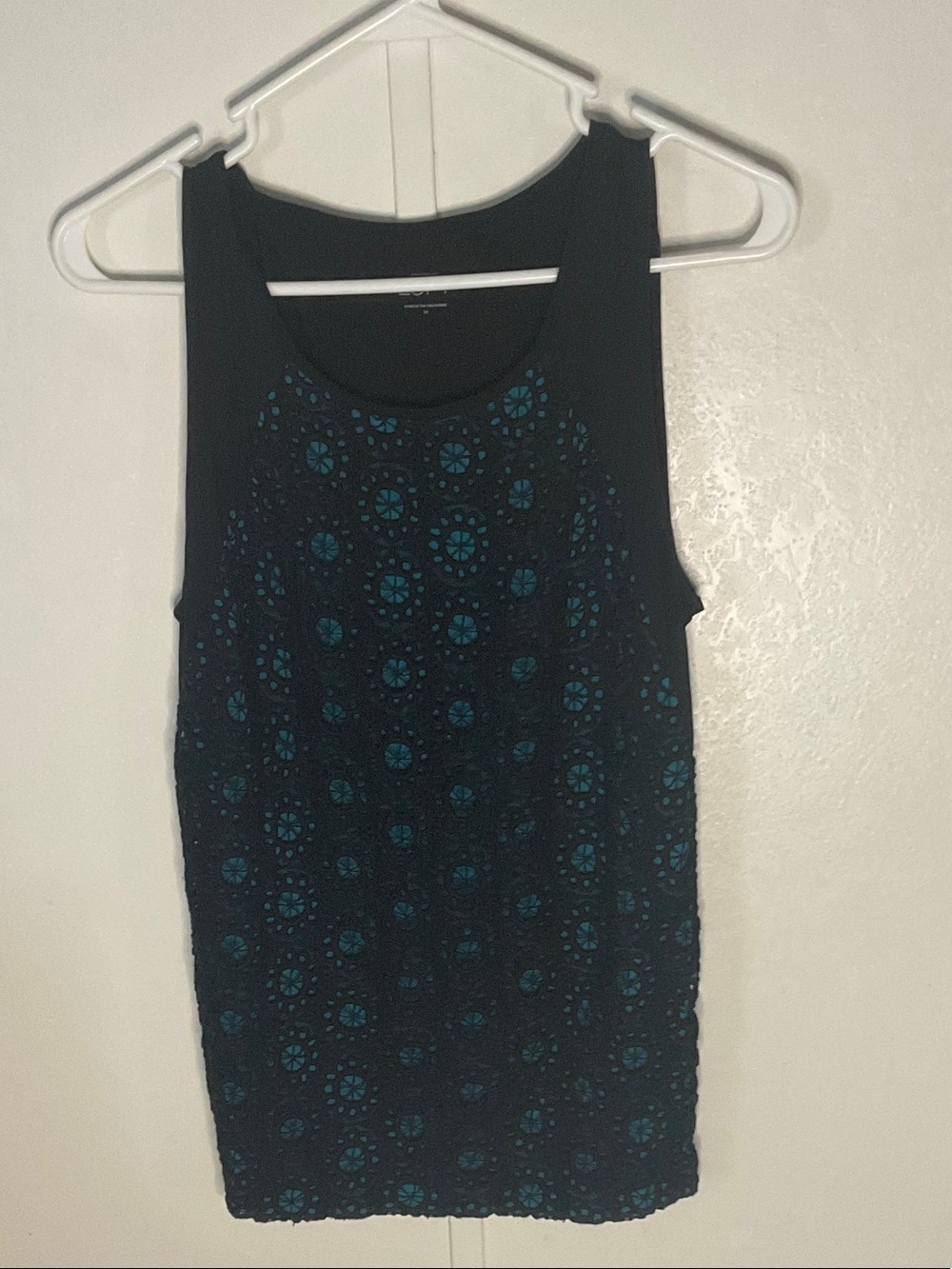 LOFT Black Tank with Teal Laser-Cut Floral Overlay